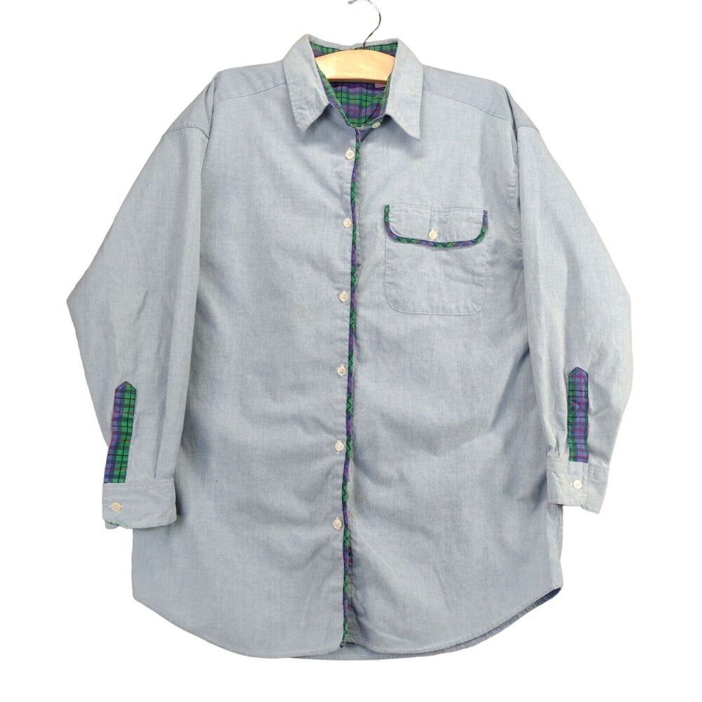 VTG Penny Lane Button Up Long Sleeve Shirt Size M Blue & Green Plaid Colorful